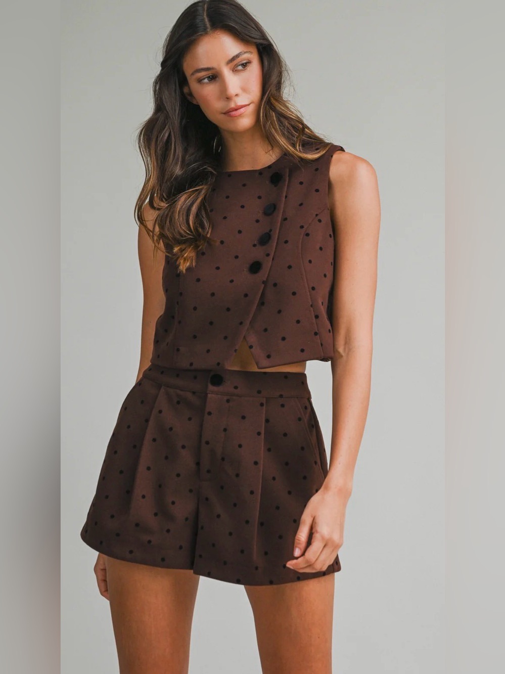Polka Dot Cropped Vest and High-Waist Short Set - Brown/Black size small *new